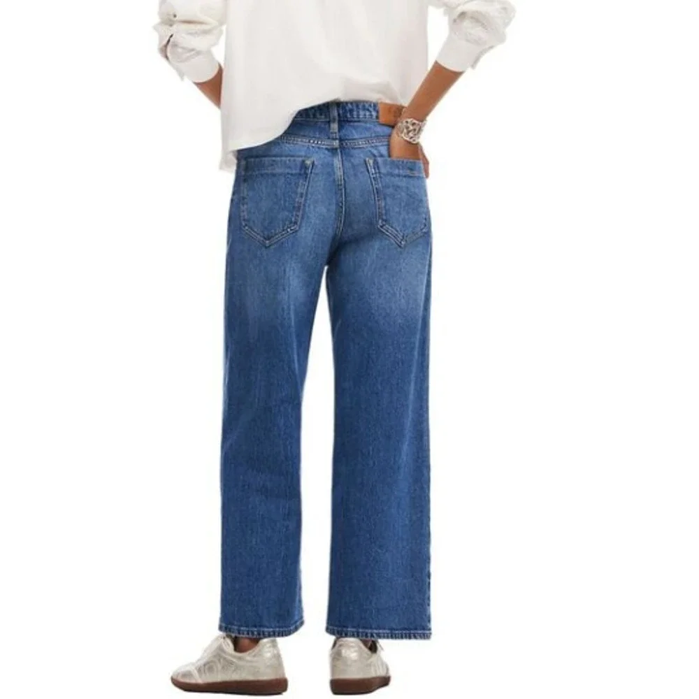 Desigual Women's Wide Leg Jeans US (12) High Waist Crop Med Rinse Preppy Boho